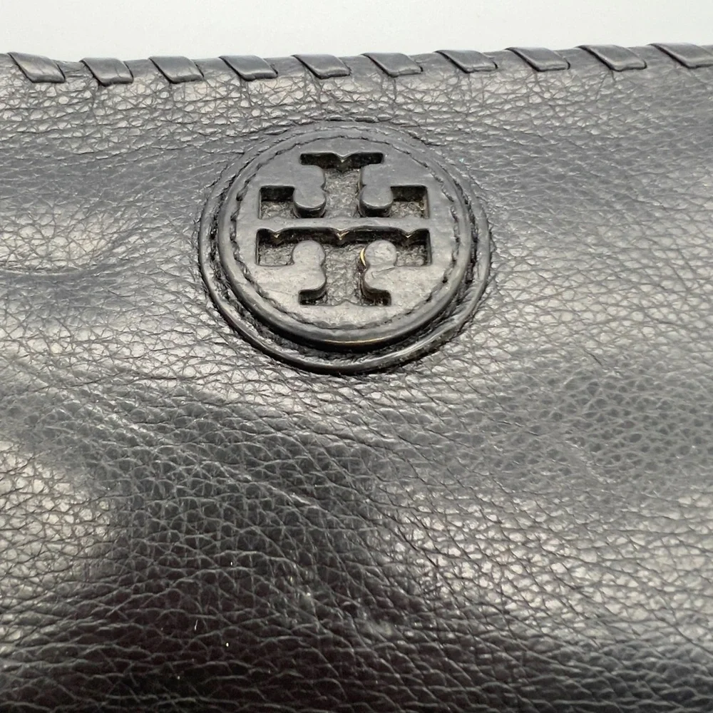 Tory Burch Black Leather Zip-Around Wallet with Whipstitch Detail